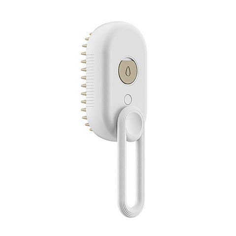 White electric pet grooming brush with beige power button and ergonomic handle for easy use