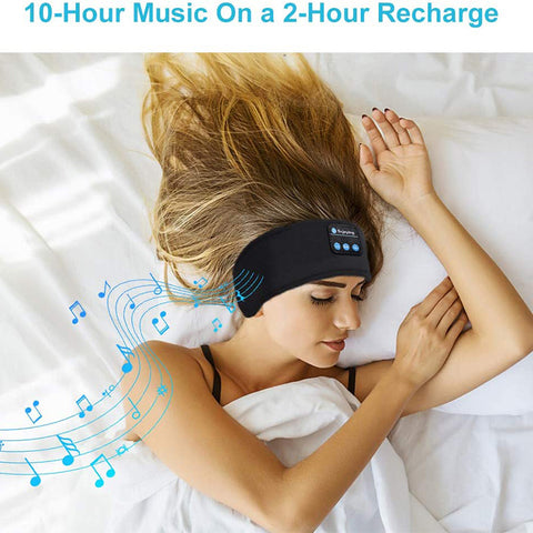 CJ wireless Bluetooth sleep headphones worn by woman lying in bed with 10-hour music playback