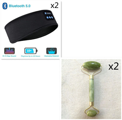 CJ wireless Bluetooth sleep headphones black headband with Bluetooth 5.0 and two jade facial rollers