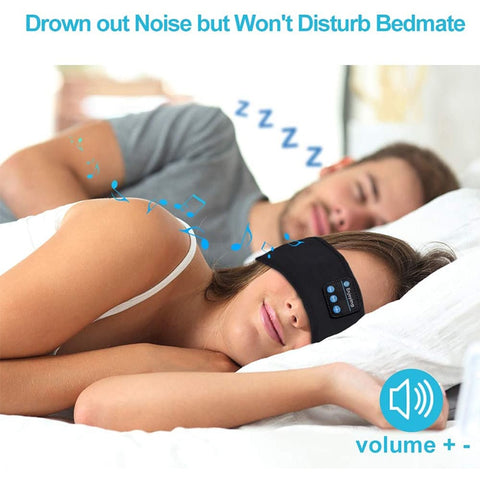 CJ wireless Bluetooth sleep headphones worn by woman blocking noise and not disturbing bedmate