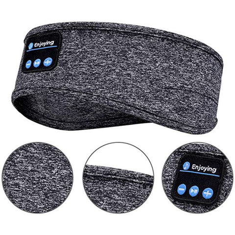CJ wireless Bluetooth sleep headphones in dark gray fabric headband with built-in control buttons