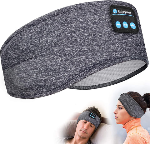 CJ wireless Bluetooth sleep headphones in gray fabric headband design with control buttons for comfortable nighttime use