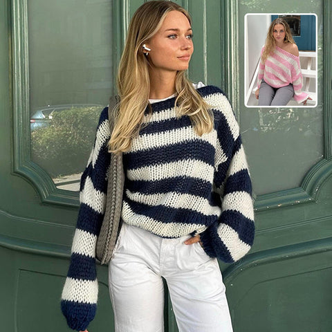 Loose Striped Pullover Sweater Fashion Versatile Long-sleeved Knitted Tops For Women Clothing - Rokkaku 18 online shop
