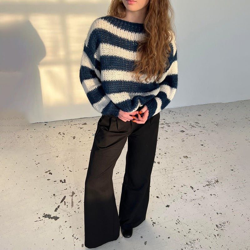 Loose Striped Pullover Sweater Fashion Versatile Long-sleeved Knitted Tops For Women Clothing - Rokkaku 18 online shop