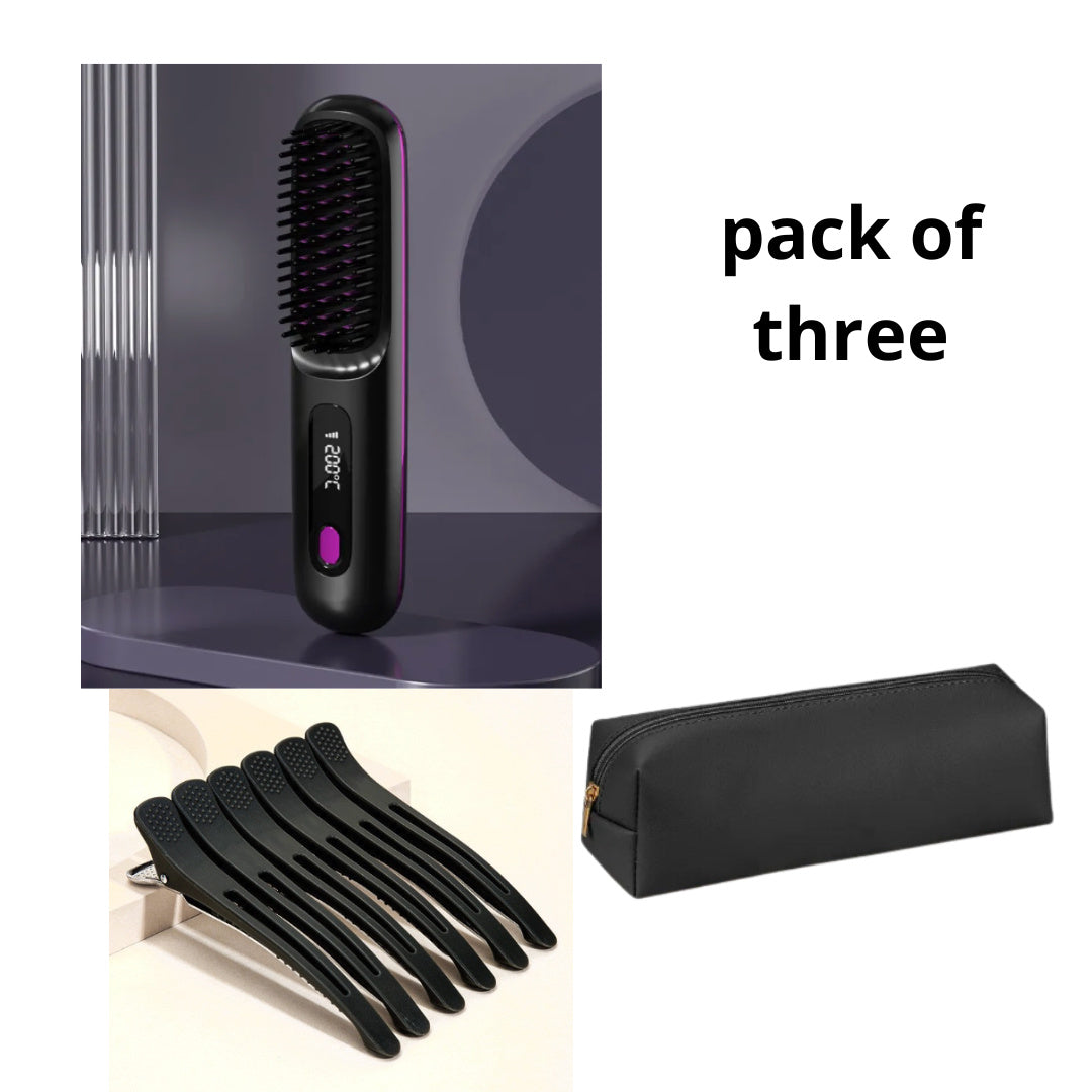 2 In 1 Straight Hair Comb Wireless Hair Straightener Brush Hair Fast Heating Portable Hot Curler USB Charging - Rokkaku 18 online shop