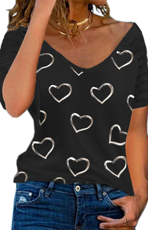 Heart Print Round Neck Short Sleeve Top