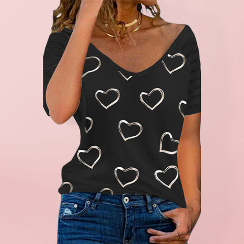 Heart Print Round Neck Short Sleeve Top