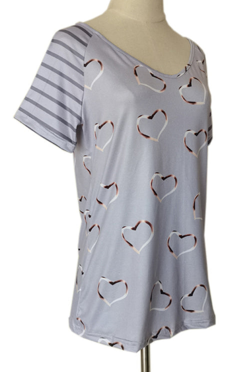 Heart Print Round Neck Short Sleeve Top