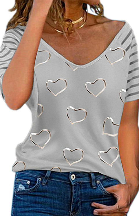 Heart Print Round Neck Short Sleeve Top