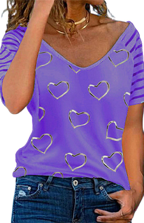 Heart Print Round Neck Short Sleeve Top