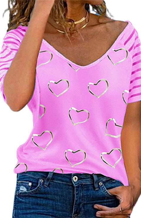 Heart Print Round Neck Short Sleeve Top