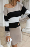 Ladies Round Neck Pullover Color Block Sweater Dress