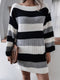 Women's straight neck off shoulder loose contrast striped knitted wool dress