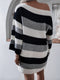 Women's straight neck off shoulder loose contrast striped knitted wool dress