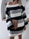 Women's straight neck off shoulder loose contrast striped knitted wool dress