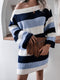 Women's straight neck off shoulder loose contrast striped knitted wool dress