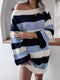 Women's straight neck off shoulder loose contrast striped knitted wool dress