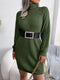 Women's casual button high neck long sleeve bottomed fur dress