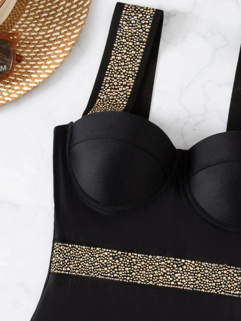 Women's rivet decor push-up one-piece swimwear