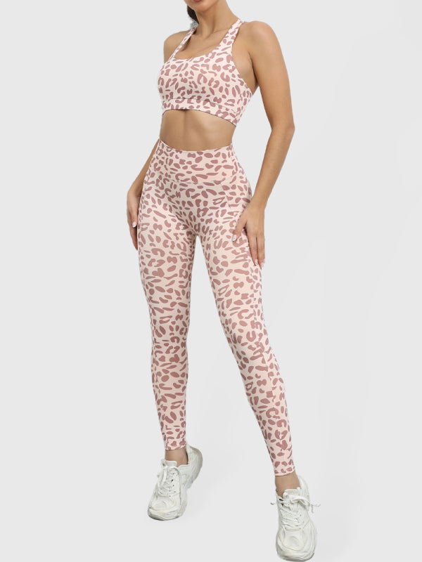 Leopard print beautiful back tight sports suit peach hip lifting high waist fitness clothes - Rokkaku 18 online shop