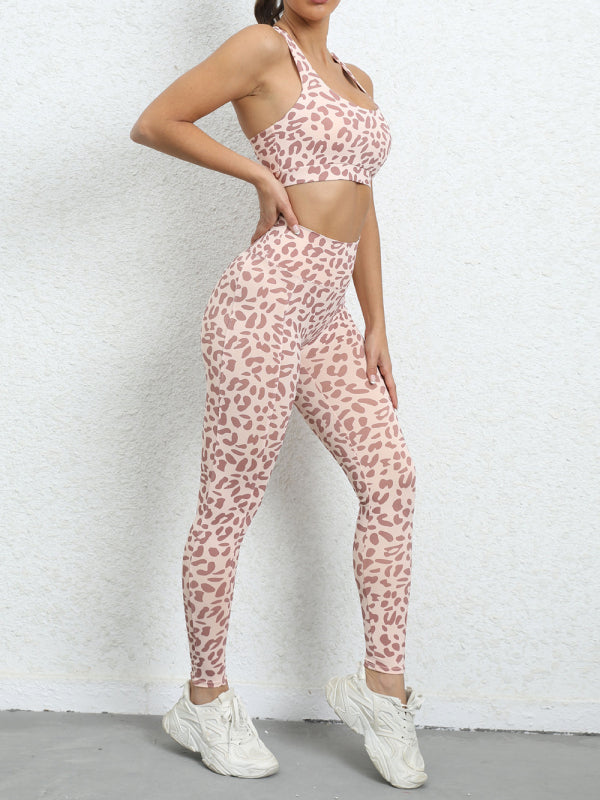 Leopard print beautiful back tight sports suit peach hip lifting high waist fitness clothes - Rokkaku 18 online shop