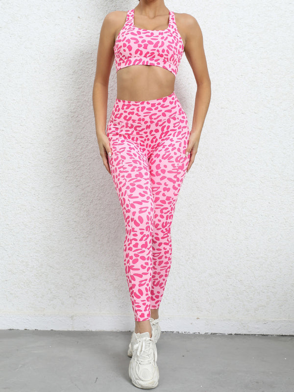 Leopard print beautiful back tight sports suit peach hip lifting high waist fitness clothes - Rokkaku 18 online shop