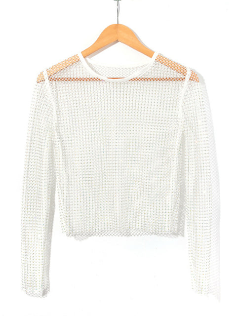 Mesh flash diamond long-sleeved top female sexy nightclub hot girl fishnet T-shirt