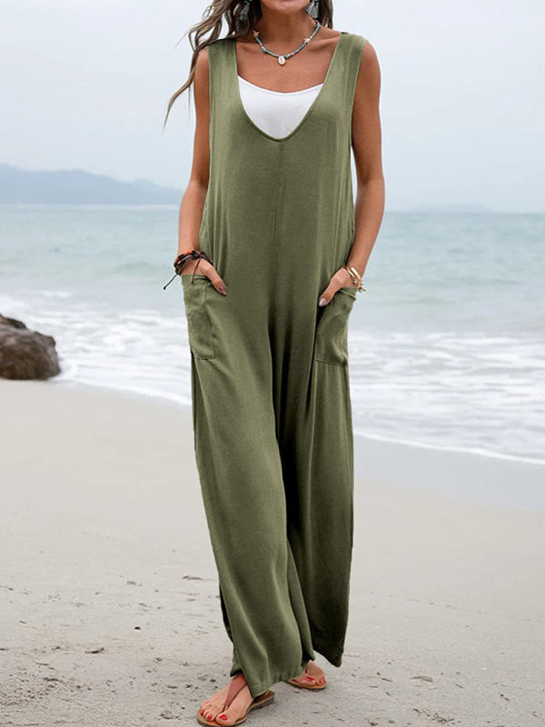 Women's Leisure Solid Knit Cotton Jumpsuit - Rokkaku 18 online shop