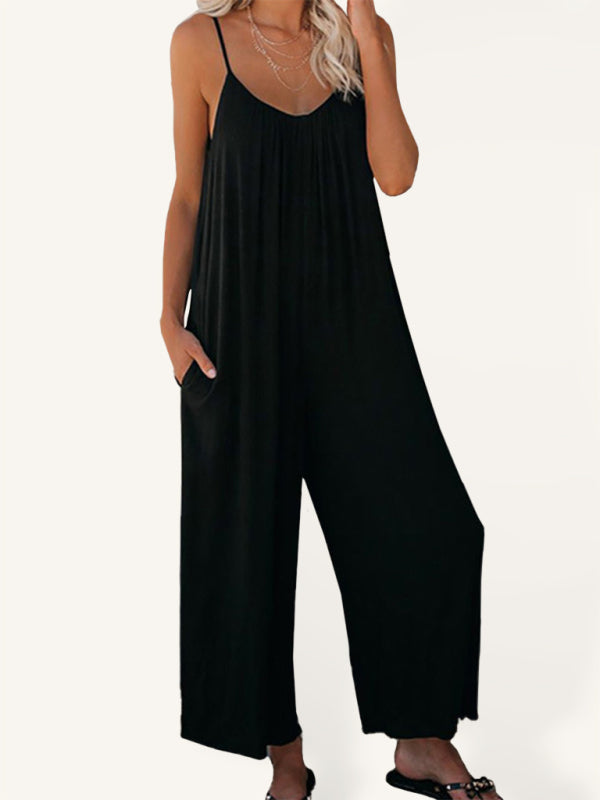 Trousers solid color side pocket loose casual suspender jumpsuit - Rokkaku 18 online shop