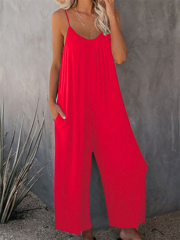 Trousers solid color side pocket loose casual suspender jumpsuit - Rokkaku 18 online shop