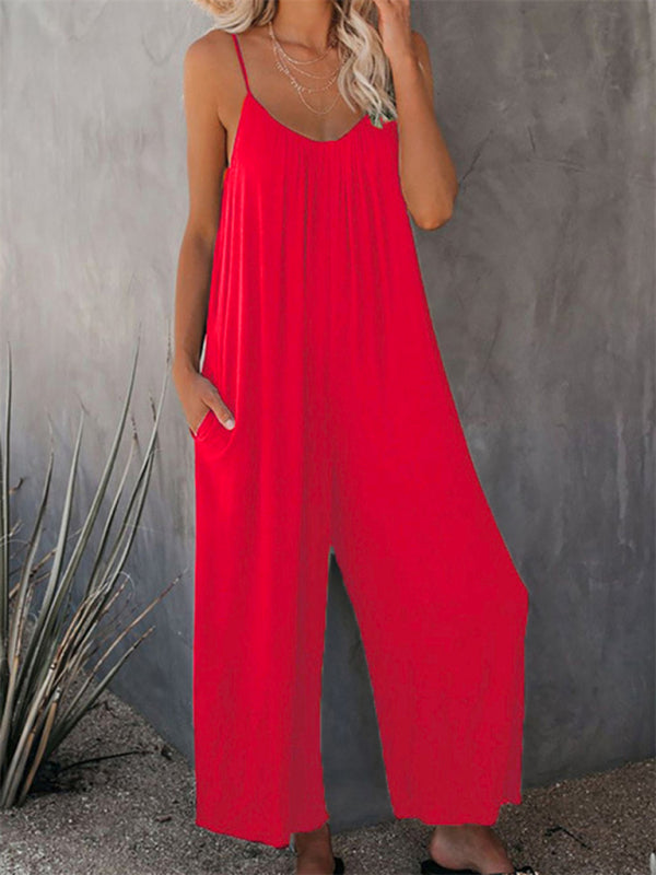 Trousers solid color side pocket loose casual suspender jumpsuit - Rokkaku 18 online shop