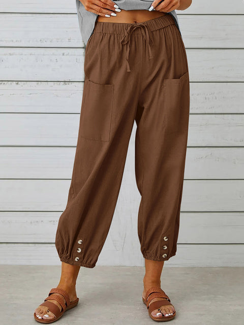 Loose high-waisted button-down cotton and linen cropped trousers wide-leg women's trousers