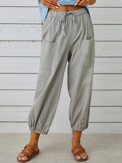 Loose high-waisted button-down cotton and linen cropped trousers wide-leg women's trousers