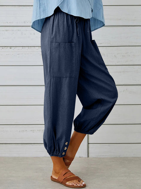 Loose high-waisted button-down cotton and linen cropped trousers wide-leg women's trousers