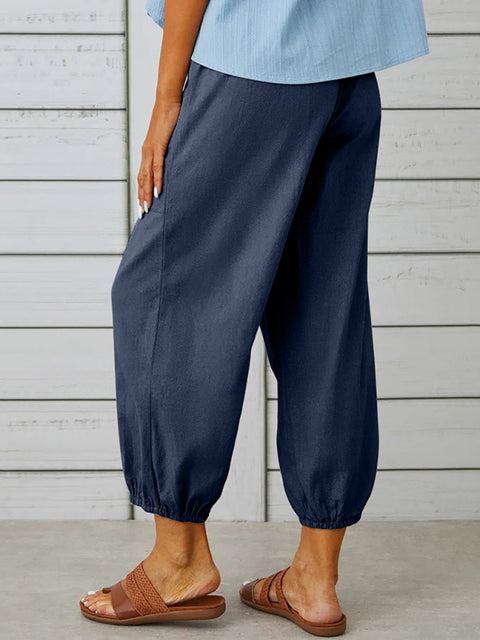 Loose high-waisted button-down cotton and linen cropped trousers wide-leg women's trousers