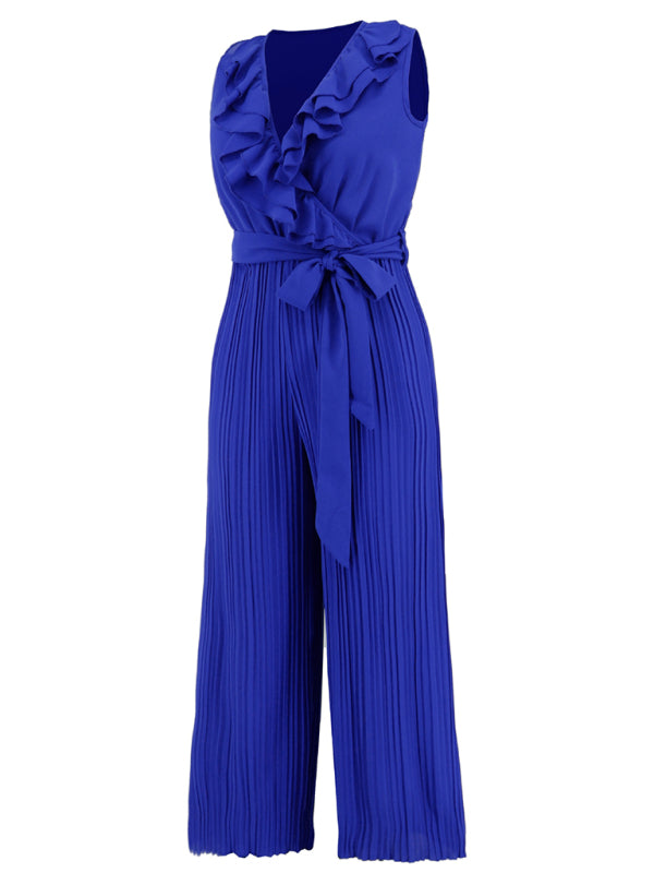 Women's Sleeveless V Neck Ruffle Lace Pleated Jumpsuit - Rokkaku 18 online shop