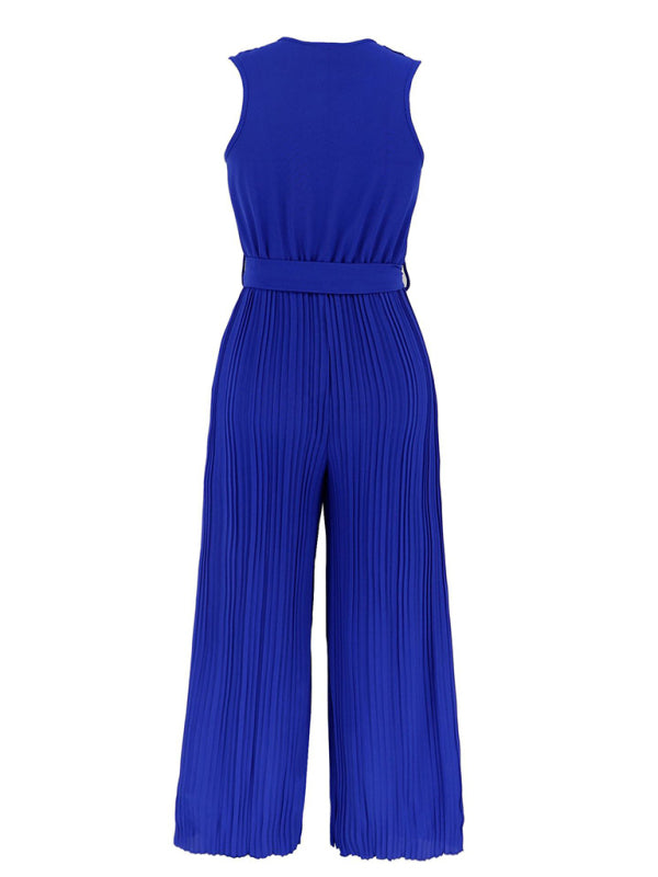 Women's Sleeveless V Neck Ruffle Lace Pleated Jumpsuit - Rokkaku 18 online shop