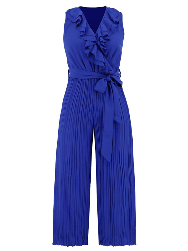 Women's Sleeveless V Neck Ruffle Lace Pleated Jumpsuit - Rokkaku 18 online shop
