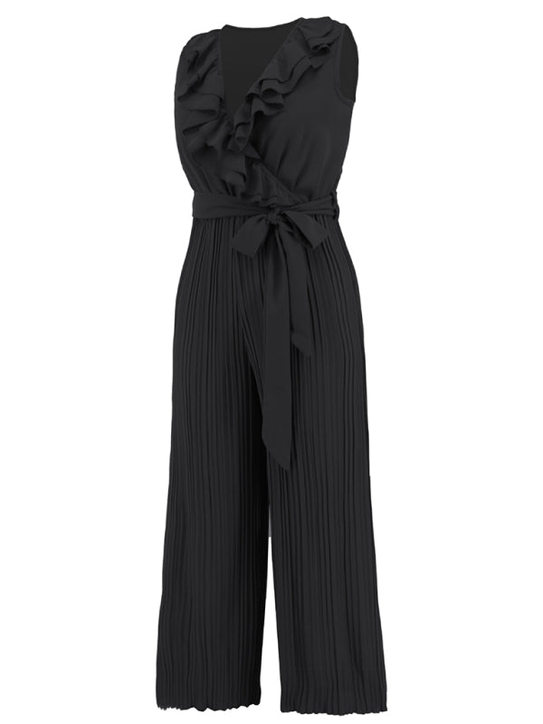 Women's Sleeveless V Neck Ruffle Lace Pleated Jumpsuit - Rokkaku 18 online shop