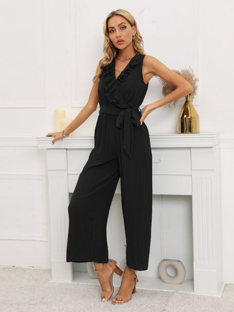 Women's Sleeveless V Neck Ruffle Lace Pleated Jumpsuit