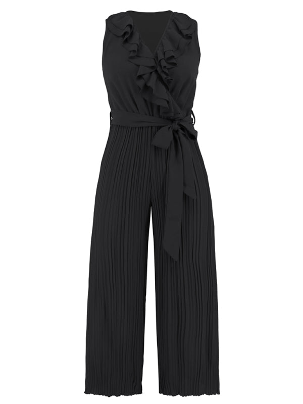 Women's Sleeveless V Neck Ruffle Lace Pleated Jumpsuit - Rokkaku 18 online shop