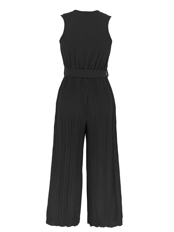 Women's Sleeveless V Neck Ruffle Lace Pleated Jumpsuit - Rokkaku 18 online shop