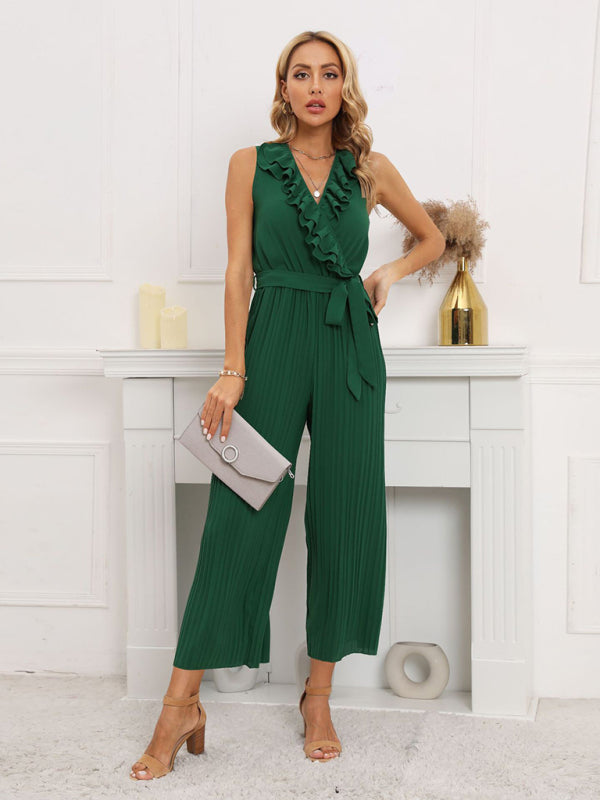 Women's Sleeveless V Neck Ruffle Lace Pleated Jumpsuit - Rokkaku 18 online shop