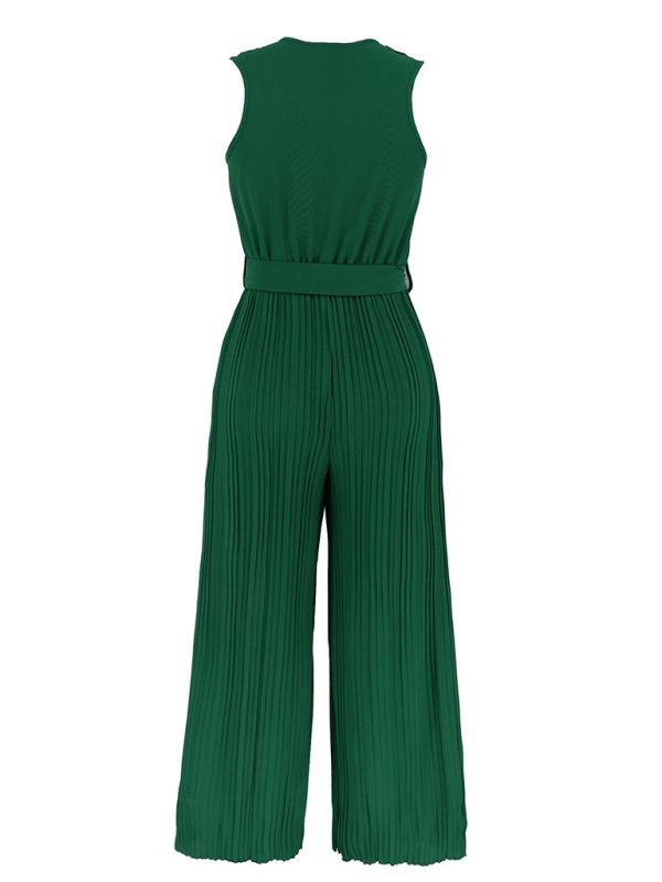 Women's Sleeveless V Neck Ruffle Lace Pleated Jumpsuit - Rokkaku 18 online shop