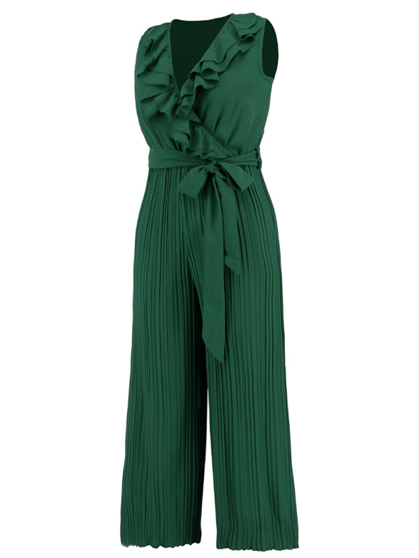 Women's Sleeveless V Neck Ruffle Lace Pleated Jumpsuit - Rokkaku 18 online shop