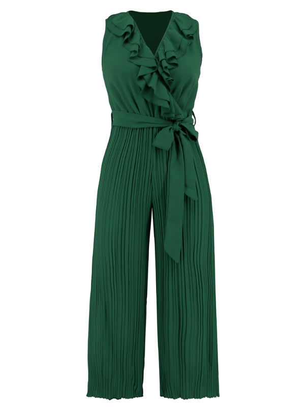 Women's Sleeveless V Neck Ruffle Lace Pleated Jumpsuit - Rokkaku 18 online shop