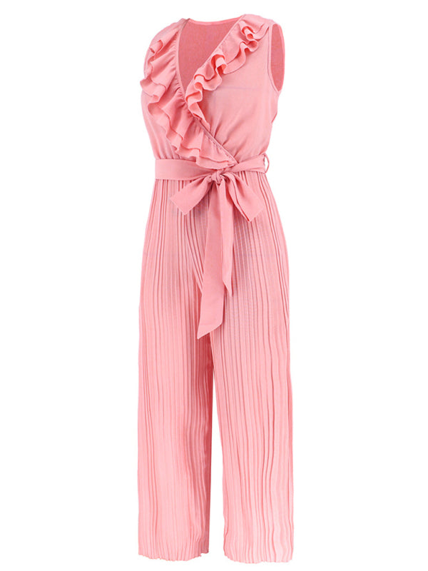 Women's Sleeveless V Neck Ruffle Lace Pleated Jumpsuit - Rokkaku 18 online shop