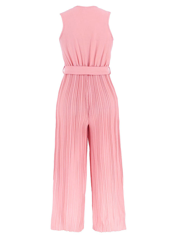 Women's Sleeveless V Neck Ruffle Lace Pleated Jumpsuit - Rokkaku 18 online shop