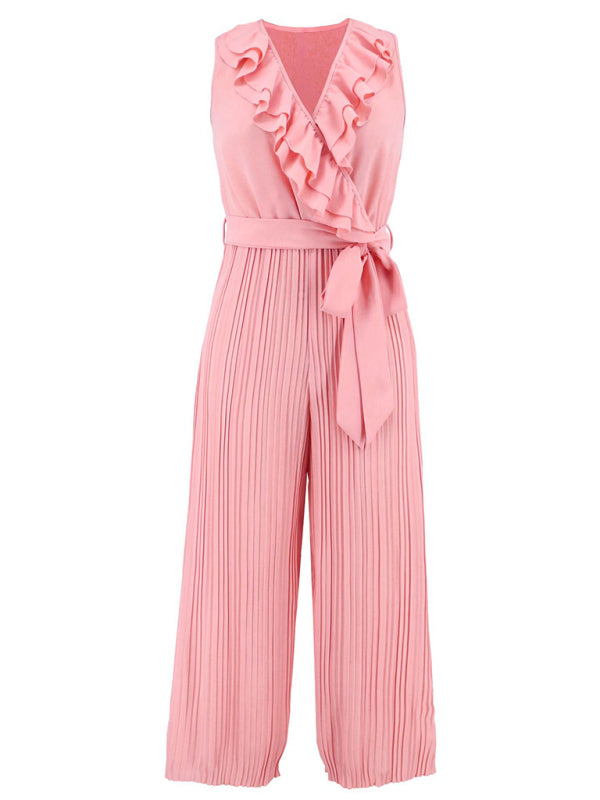Women's Sleeveless V Neck Ruffle Lace Pleated Jumpsuit - Rokkaku 18 online shop