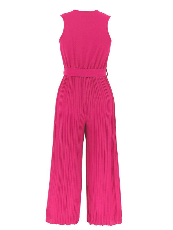 Women's Sleeveless V Neck Ruffle Lace Pleated Jumpsuit - Rokkaku 18 online shop